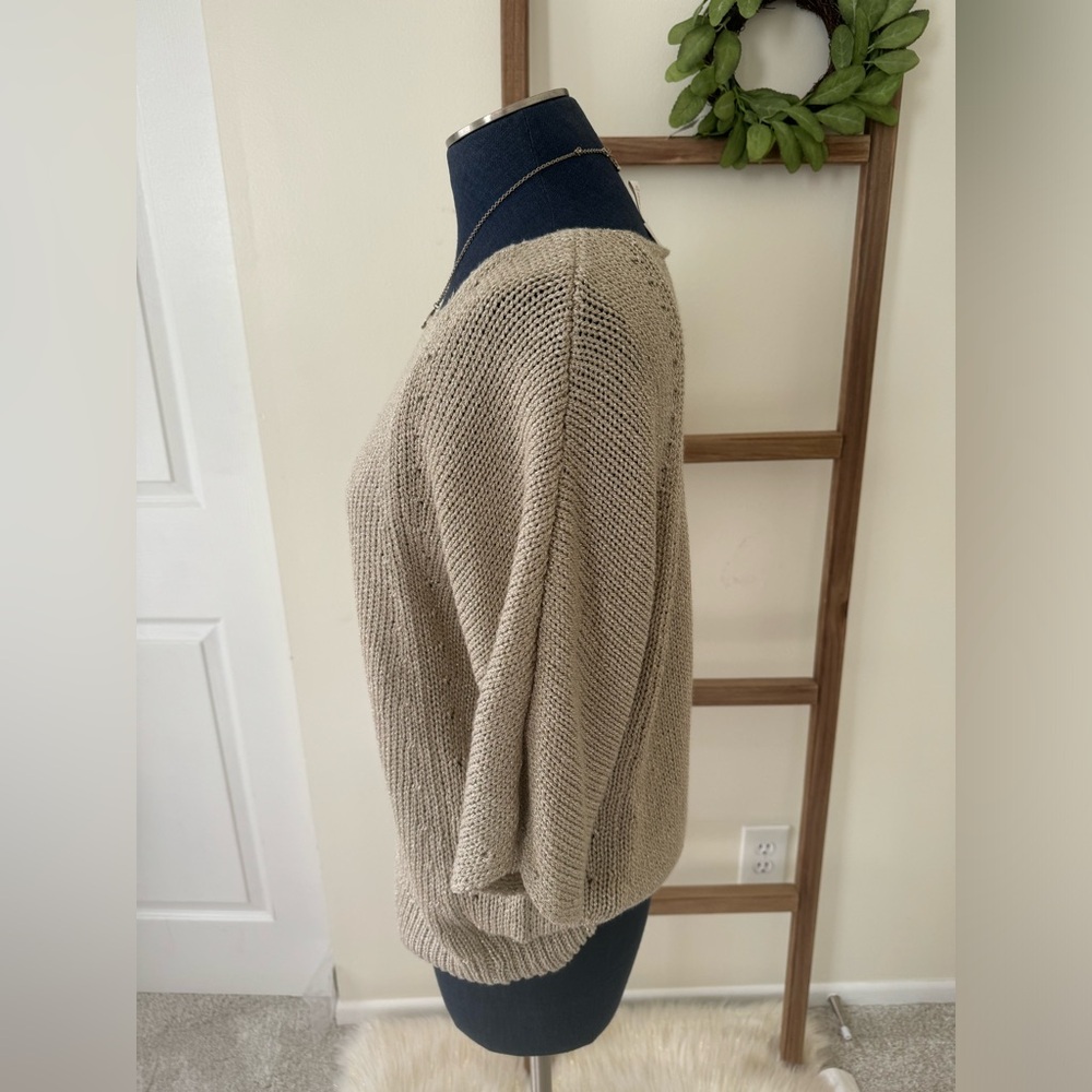 Chico's Tan Gold Shimmer Metallic Open Knit Short Sleeve Sweater Size Large - Picture 4 of 7
